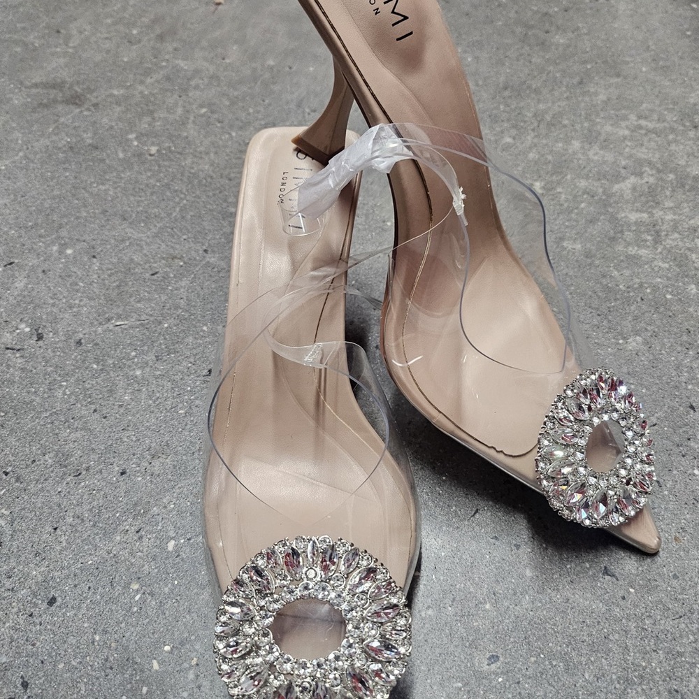 Elegant Tan Heels with Crystal Embellishments